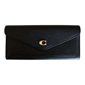 Coach Black Leather Envelope Wallet C Logo Snap Closure Zip Pocket